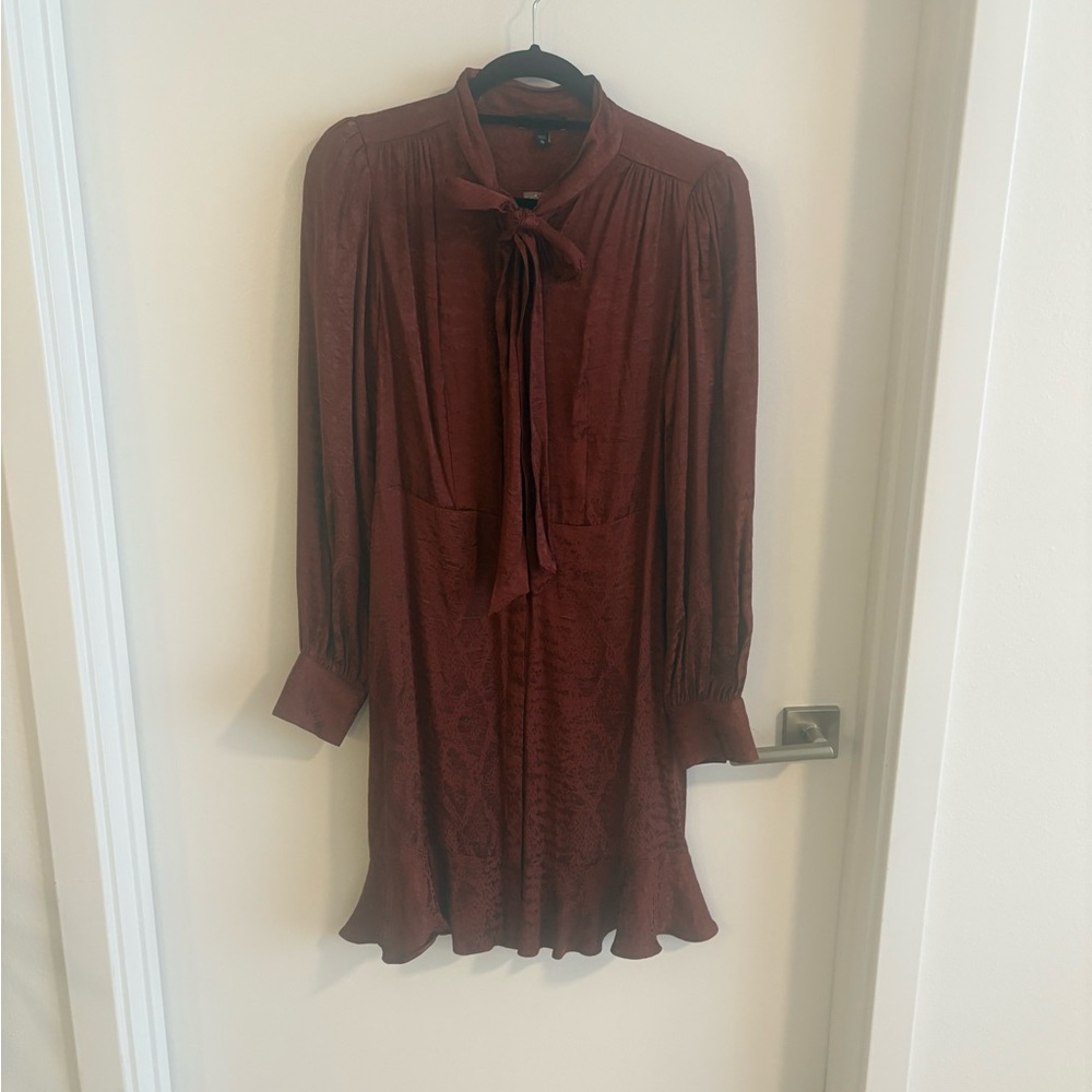 Express Brown Tie Front Ruffled Satin Dress